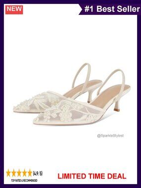 Embroidered Mesh Kitten Heel Slingback Sandals Pointed Toe Pearl Bridal Heels